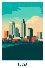 Naklejka premium Tulsa USA, Oklahoma state illustrated poster in retro style. Vintage travel booklet, postcard, print, cover with urban skyline, skyscrapers