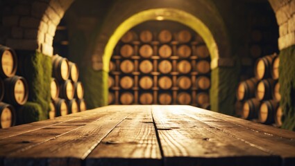 Obraz premium Empty wooden table. Blurred cellar in the backdrop. Winery and beverage concept.