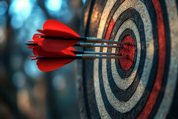 darts arrow hit the bullseye target with a blue sky background, close-up,