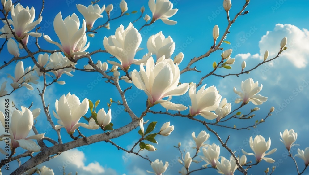 Poster branches of white magnolia in bloom against a backdrop of blue sky with clouds. trees flowering in s