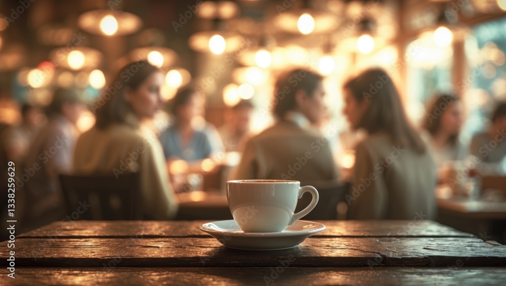 Aufkleber empty wooden table for showcasing a product against a blurred bar background featuring bokeh lights.