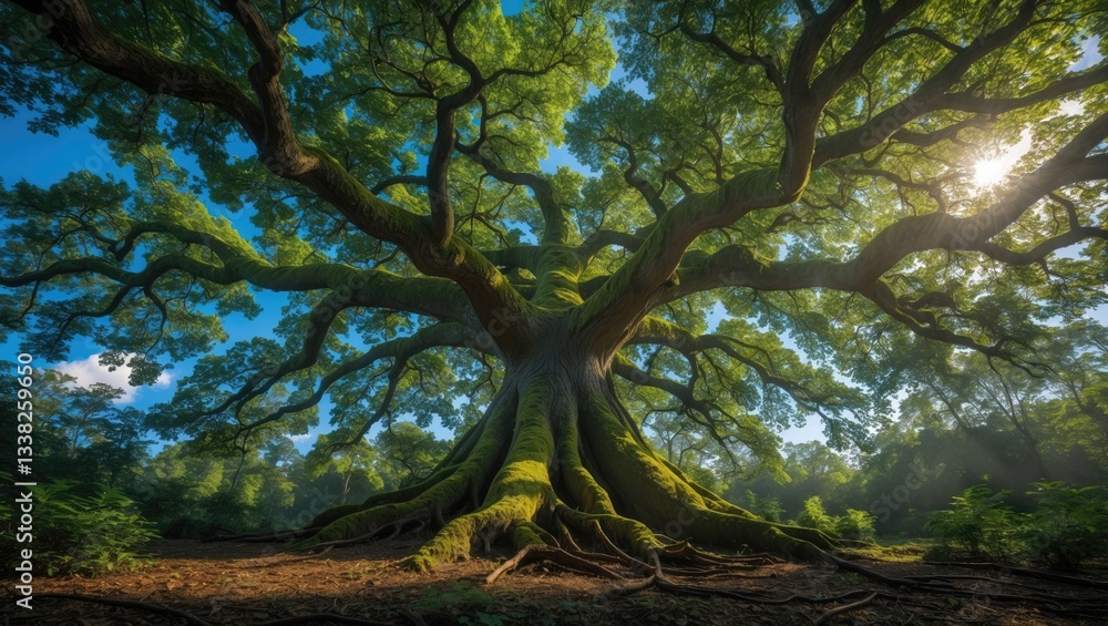 Poster the sky seen through the branches of a towering tree, creating a dappled pattern on the ground. the 