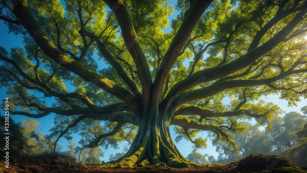 Poster the sky visible through the branches of a tall tree, creating a dappled effect on the ground. the ai