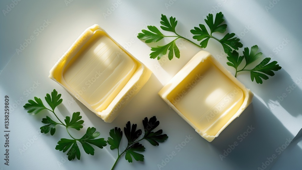 Aufkleber butter isolated on a white backdrop with complete depth of field. Above view. Flat lay.