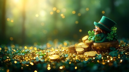 Magical Leprechaun Surrounded by Gold Coins and Shamrocks on St. Patrick's Day. Generative AI