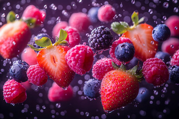 Mixed Berry Symphony: Vibrant Slices of Strawberry, Blueberry, and Raspberry Suspended in Ethereal Space, Sparkling Juice Droplets Catching Light in Abstract Serenity