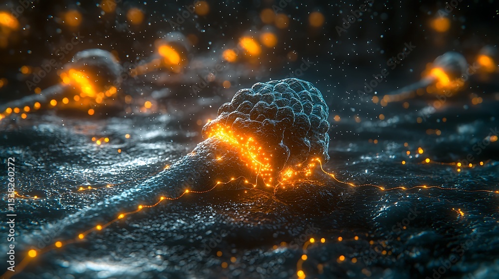 Poster glowing cellular structures microscopic view