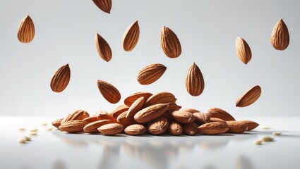 Falling almond nuts on a white background, isolated.