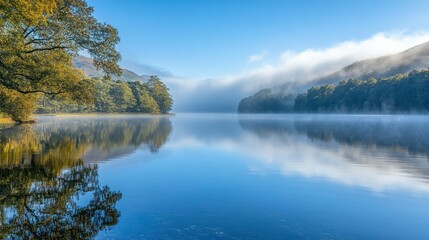 Obraz premium Calm lake reflecting trees under a blue sky, with fog on the mountains. Use for travel blogs, or inspiring nature and relaxation themes.