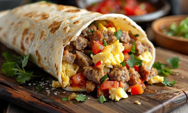 A hearty breakfast burrito with eggs, sausage, and fresh salsa, wrapped in a warm tortilla