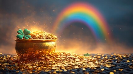 Pot of Gold and Clover with Rainbow in the Background for St. Patrick's Day. Generative AI
