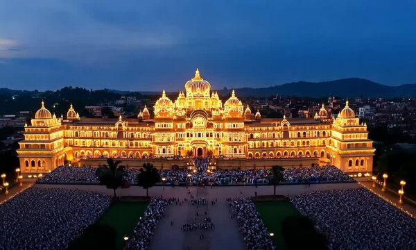 Mysore Palace Illuminated for Dussehra &ndash; A grand view of Mysore Palace during the Dussehra festival, illuminated by thousands of glowing lights