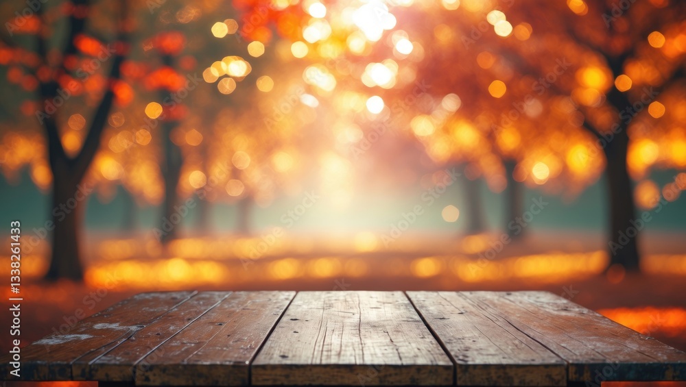 Poster empty brown wooden table set against an abstract bokeh background featuring sunlight glimmers for yo
