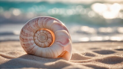 Fibonacci spiral and seashell on a sandy shore.