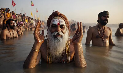 Sadhus and devotees taking a holy dip in the Ganges during Kumbh Mela