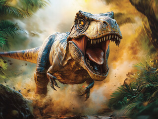 This image depicts a T-Rex-like dinosaur, roaring with its mouth wide open, revealing sharp teeth. It is set in a dense jungle filled with mist and sunlight filtering through the leaves. 