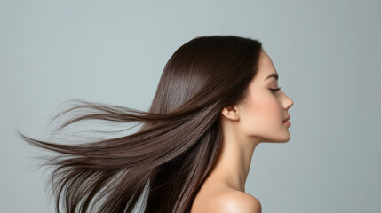Fototapeta premium Long hair flowing gracefully in profile view, showcasing shiny strands against neutral background, evokes sense of elegance and tranquility