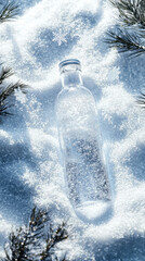 Product photography scene, A bottle of water lies on the snow, Partially embedded in the snow,  Generative AI	
