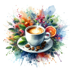 Steaming cup of coffee with coffee beans, leaves, berries and orange slice on colorful watercolor splash background