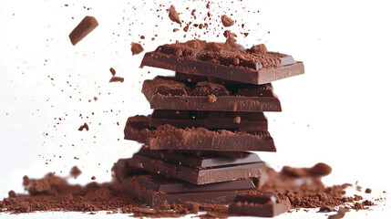 Fototapeta premium A pile of chocolate bars with some of them broken. Concept of indulgence and pleasure, as the chocolate is a popular treat that many people enjoy