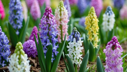 Fototapeta premium Spring flowers hyacinth. Spring arrangements featuring hyacinth blossoms set against the backdrop of green grass in a garden. Hyacinth blooms, natural beauty.