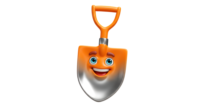 Shovel with a smiling face, perfect for childrens books, gardening ads, and constructionrelated designs. Whimsical and appealing tool illustration.
