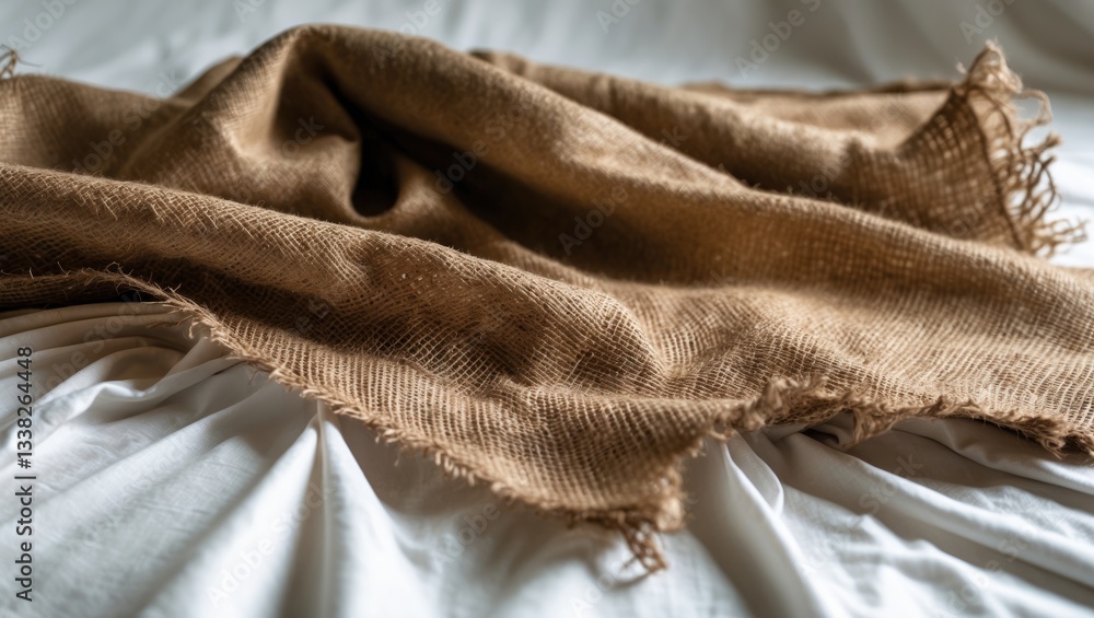 Poster brown burlap resting on a white sheet. abstract backdrop. texture of sackcloth. background for banne