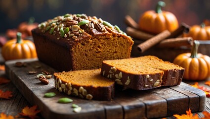 Close-up of slices of fall pumpkin bread set against a scenic background.