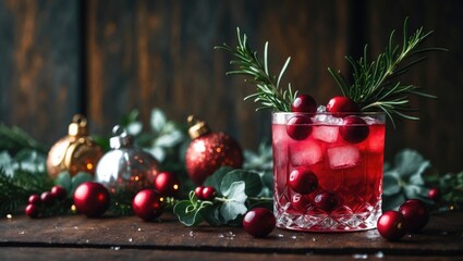Festive Cranberry and Rosemary Drink with Ice on the Dark Background.