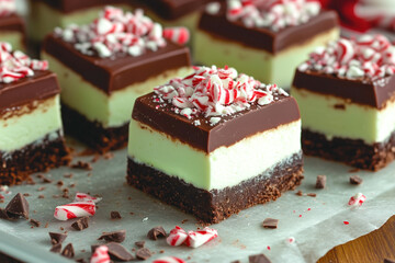 Fudge bars of chocolate and peppermint adorned with crushed cand