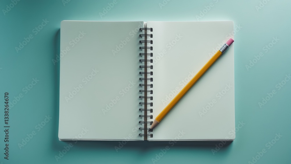 Poster view from above of an open notebook with blank pages. spiral notepad placed on a table.