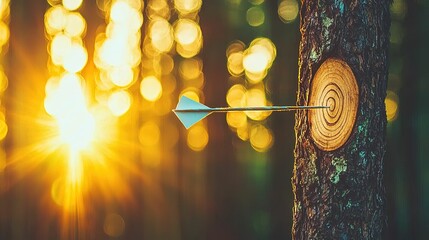 Arrow hitting target in forest at sunset