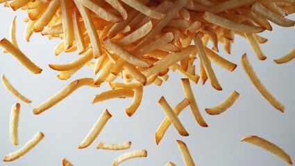 Falling French fries, potato fries floating against a white background, with a clipping path and complete depth of field.