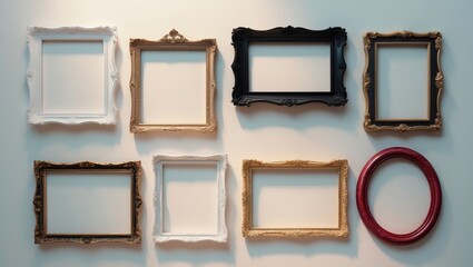 Empty frame, various vacant frames displayed on the wall against a white background, vintage antique frames.