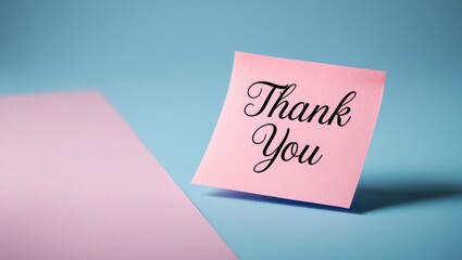 Thank you note on a sticky pad against a blue background