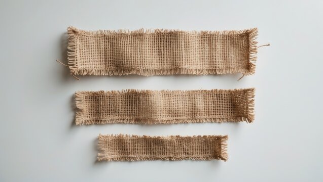 Burlap fabric label strips, rustic patch cut out on white background.