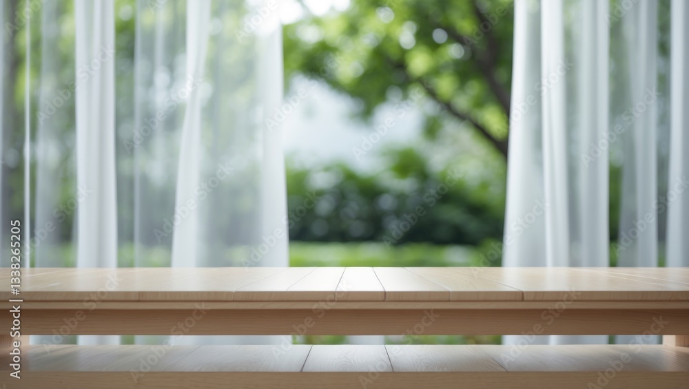 Poster empty wooden tabletop in front of blurred curtains with a window view of greenery from a tree garden