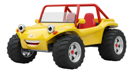 Yellow cartoon dune buggy with a smiling face is ideal for childrens book illustrations, social media graphics, and website design.