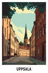 Naklejka premium Uppsala, Sweden illustrated poster in retro style. Vintage travel booklet, postcard, print, cover with urban skyline, landmarks, townscape