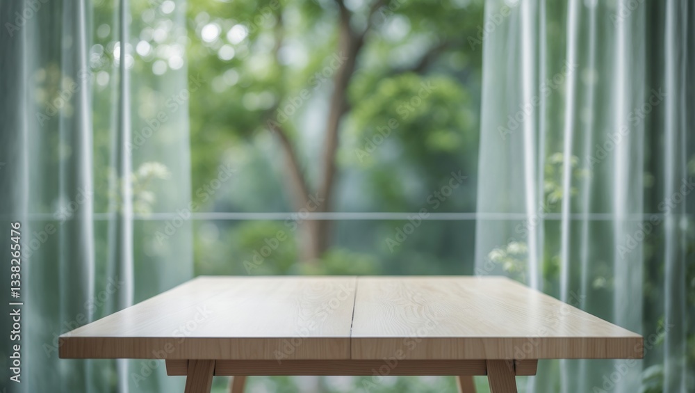 Poster empty wooden tabletop positioned before a blurred curtain, showcasing a green view of a tree garden 