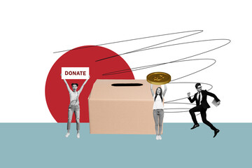 Collage creative poster illustration monochrome effect serious happy young woman man work donated coin abstract colorful template