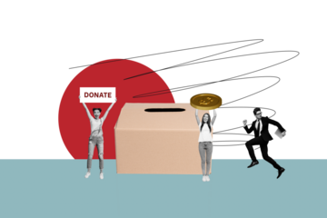 Collage creative poster illustration monochrome effect serious happy young woman man work donated coin abstract colorful template