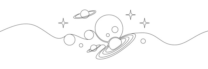 Minimalist line drawing of planets, stars, and cosmic elements, depicting an abstract space theme with elegant simplicity