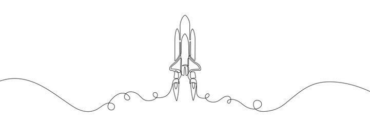 Simple continuous line art illustration of a rocket launching into space, symbolizing exploration, innovation, and futuristic technology