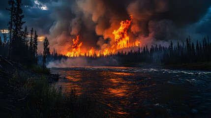 Forest fire by river at dusk with dramatic smoke and flames