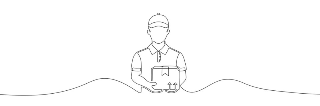 Minimalist continuous line drawing vector illustration of a delivery worker holding a package, symbolizing shipping, logistics, and e-commerce services