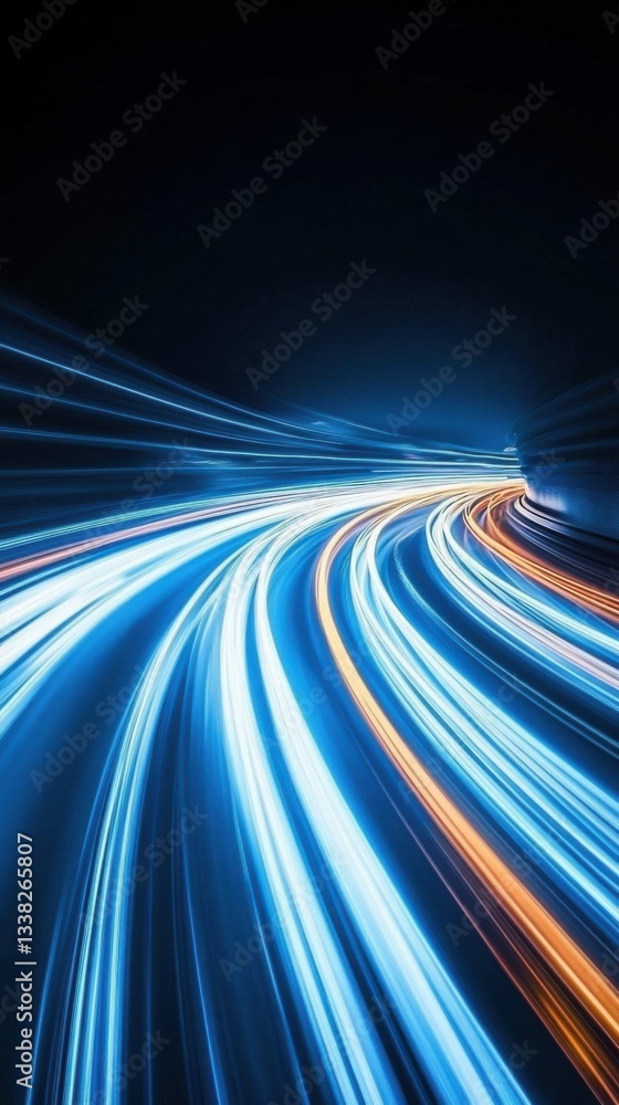 Poster dynamic light trails moving across a dark abstract background, glowing motion. vertical
