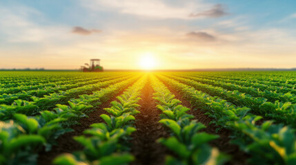 beautiful golden hour scene of lush green field with rows of crops, illuminated by warm sunlight. tractor is visible in distance, enhancing agricultural landscape