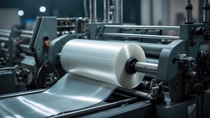 Fototapeta premium Moving roller with clear plastic film - automatic bag manufacturing machine at exhibition, trade show. Recycling, manufacturing, industry, automated technology equipment concept.