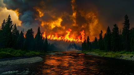 Obraz premium Intense forest fire scene with river and dramatic smoke in nature